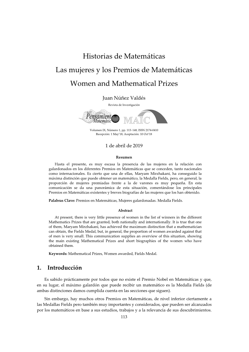 Las Mujeres Y Los Premios De Matemáticas Women and Mathematical Prizes