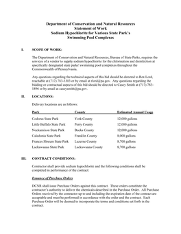 Department of Conservation and Natural Resources Statement of Work Sodium Hypochlorite for Various State Park’S Swimming Pool Complexes