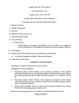 COMMITTEE of the WHOLE City of Davenport, Iowa Tuesday, July 2