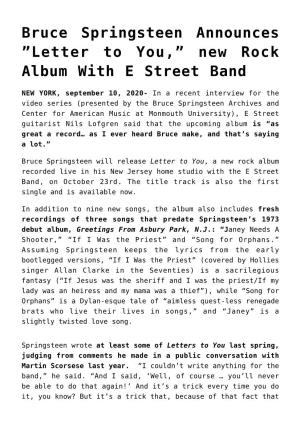 Bruce Springsteen Announces &#8221;Letter To