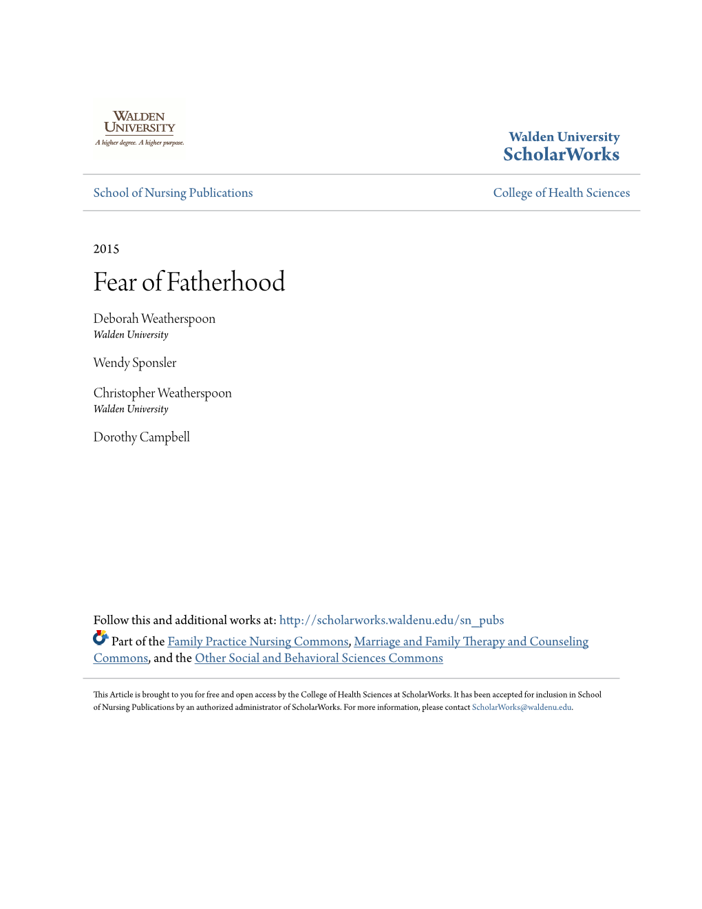 Fear of Fatherhood Deborah Weatherspoon Walden University