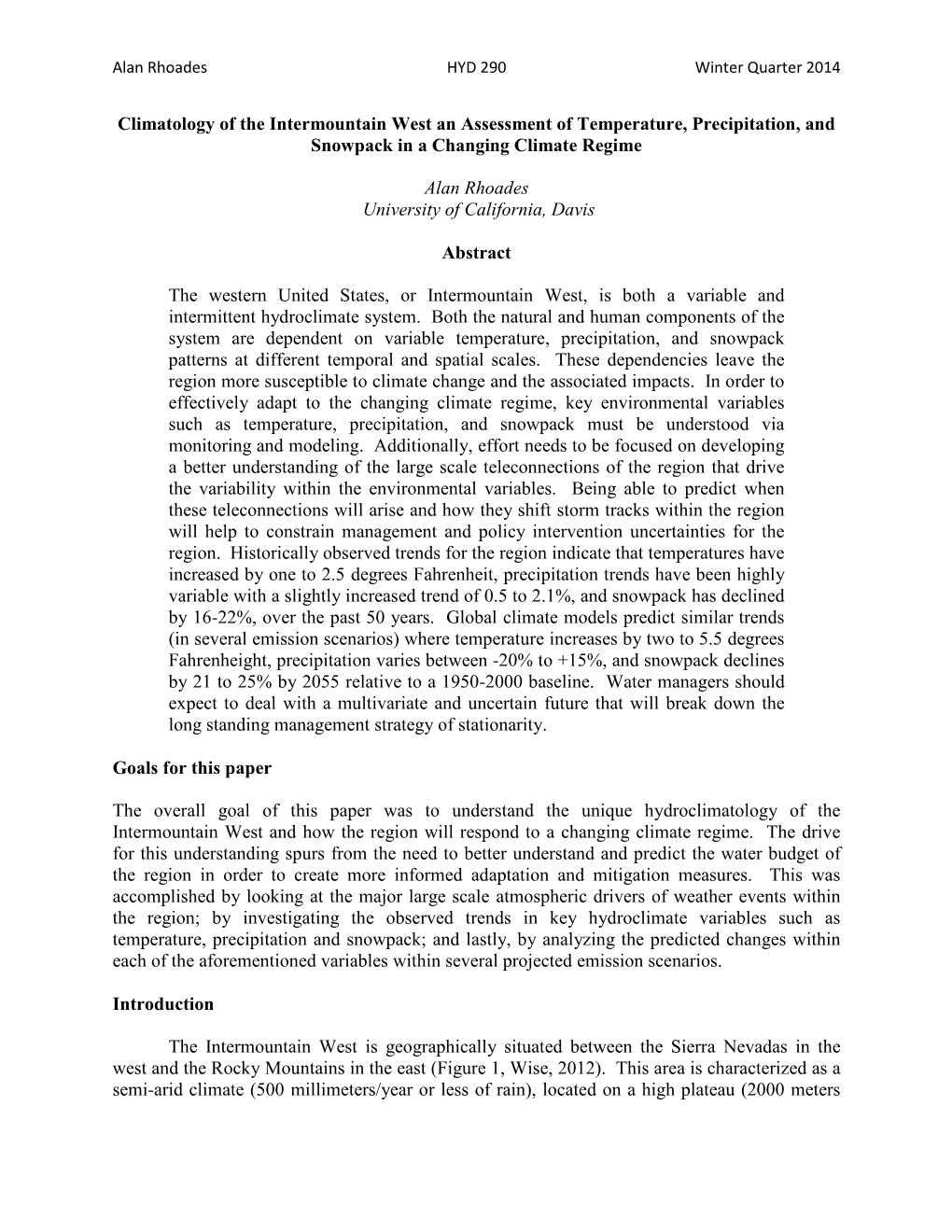 Climatology of the Intermountain West an Assessment of Temperature, Precipitation, and Snowpack in a Changing Climate Regime