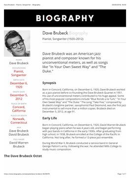 Dave Brubeck - Pianist, Songwriter - Biography 05/05/2018, 16�00