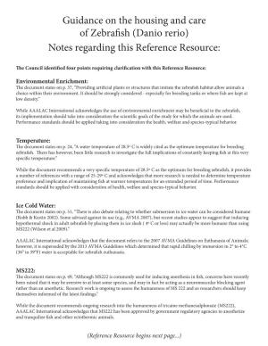 Guidance on the Housing and Care of Zebrafish (Danio Rerio) Notes Regarding This Reference Resource
