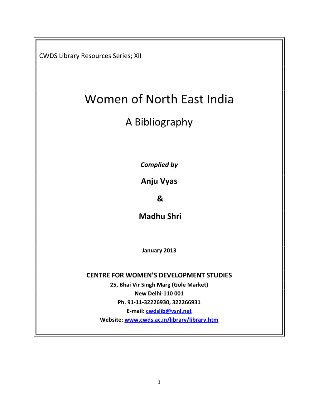 Women of North East India a Bibliography