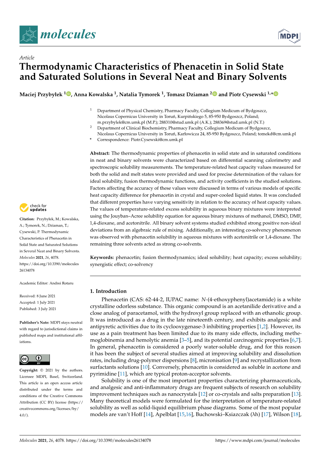 Thermodynamic Characteristics of Phenacetin in Solid State and Saturated Solutions in Several Neat and Binary Solvents