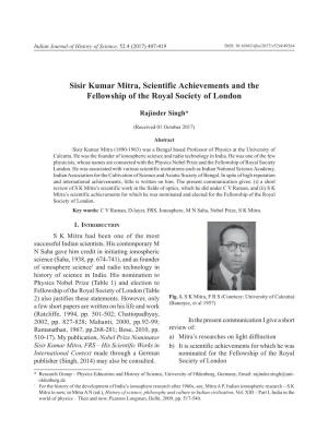 Sisir Kumar Mitra, Scientific Achievements and the Fellowship of the Royal Society of London