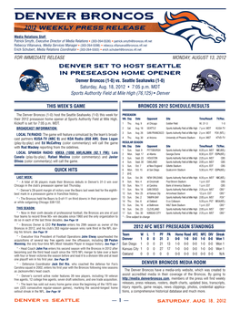 Broncos 2012 Weekly Press Release