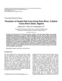 Parasites of Landed Fish from Great Kwa River, Calabar, Cross River State, Nigeria