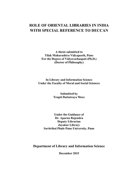 Role of Oriental Libraries in India with Special Reference to Deccan