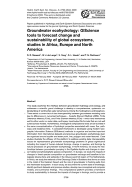 Groundwater Ecohydrology: Giscience Tools to Forecast Change and Sustainability of Global Ecosystems, Studies in Africa, Europe and North America