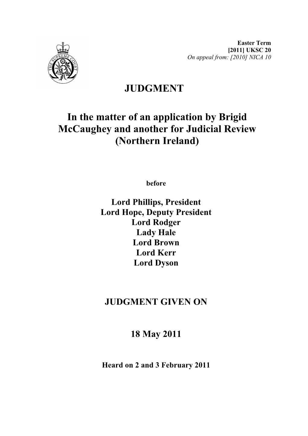 Supreme Court Judgement of an Application by Bridgit Mccaughey