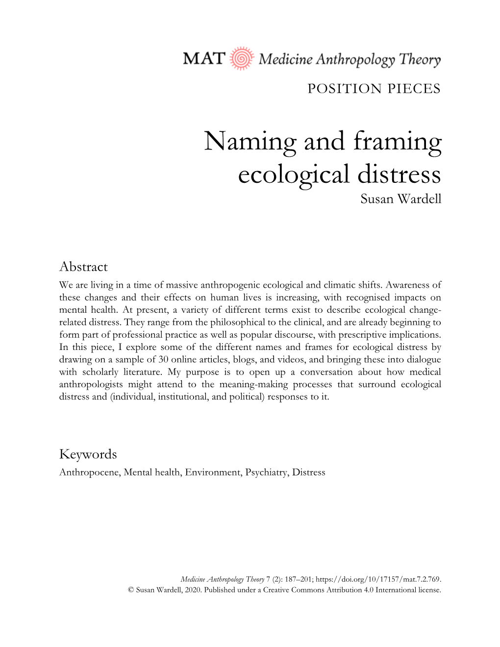 Naming and Framing Ecological Distress Susan Wardell