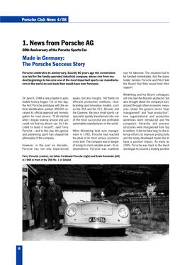 1. News from Porsche AG 60Th Anniversary of the Porsche Sports Car Made in Germany: the Porsche Success Story