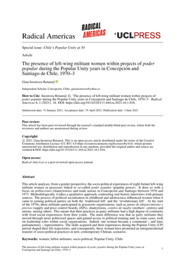 The Presence of Left-Wing Militant Women Within Projects of Poder Popular During the Popular Unity Years in Concepción and Santiago De Chile, 1970–3