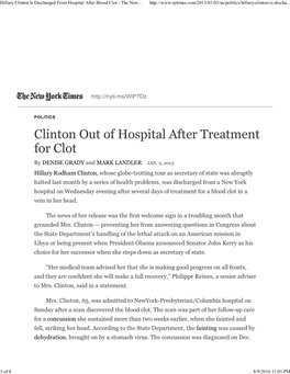 Hillary Clinton Is Discharged from Hospital After Blood Clot - the New