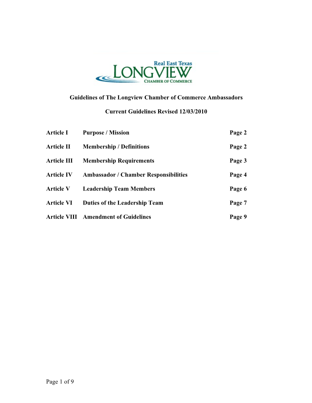 Guidelines of the Longview Chamber of Commerce Ambassadors