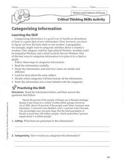 Critical Thinking Skills Activity Categorizing Information