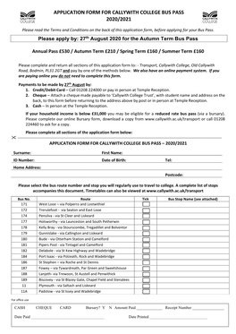 27Th August 2020 for the Autumn Term Bus Pass