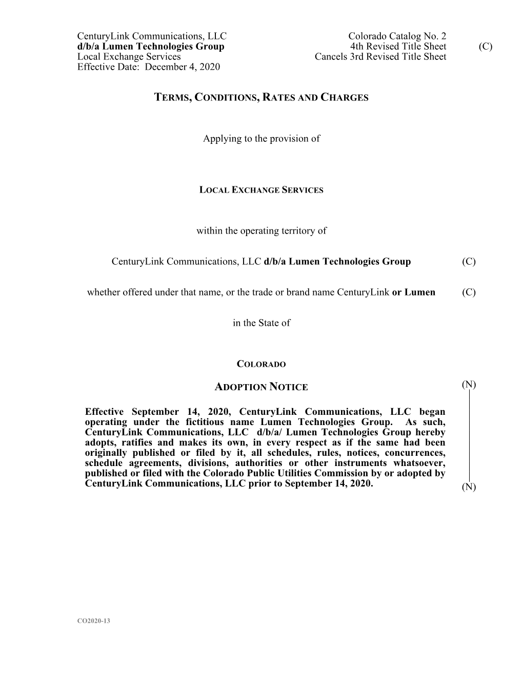 Centurylink Communications, LLC Colorado Catalog No. 2 D/B/A