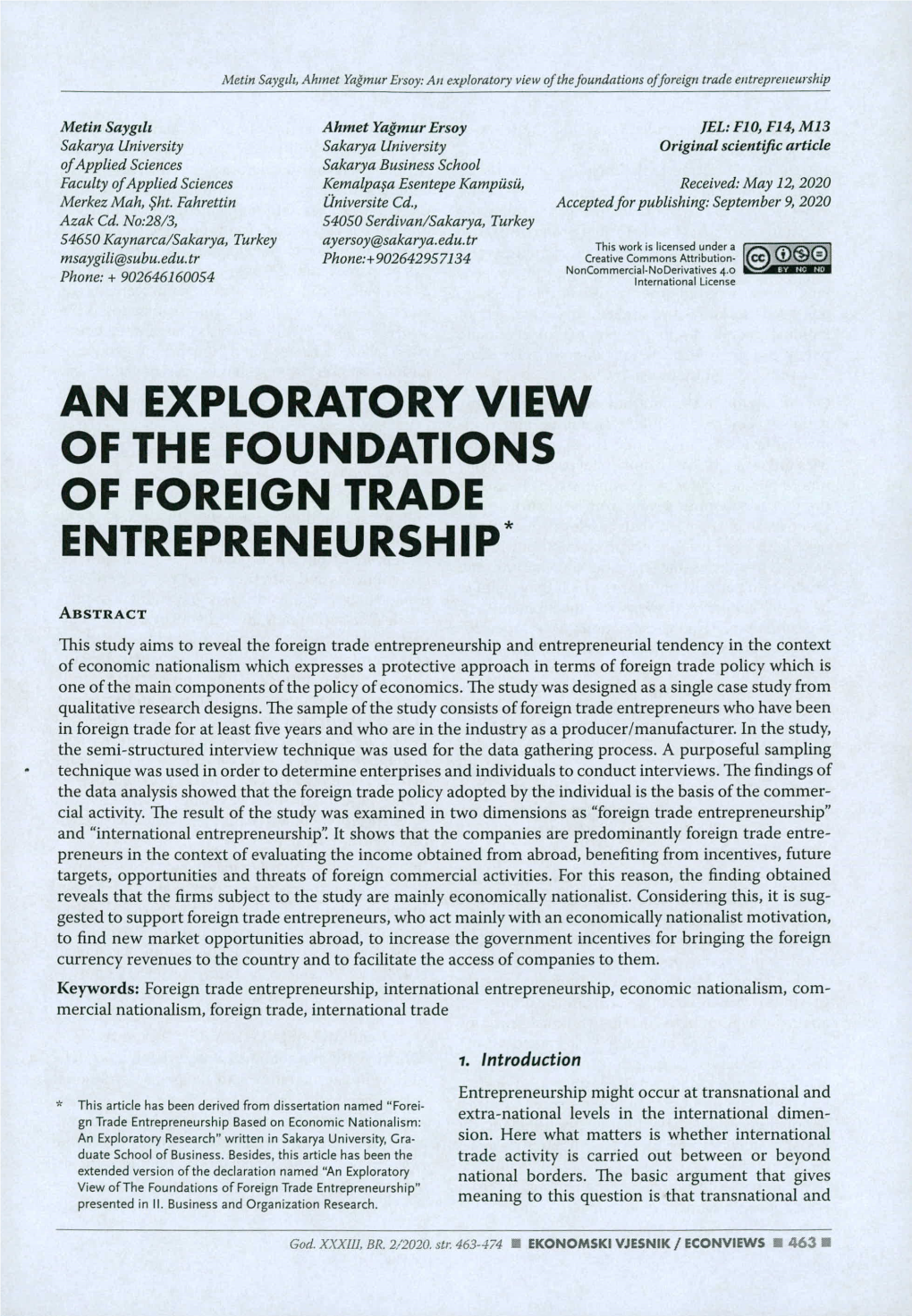 Of the Foundations of Foreign Trade Entrepreneurship*