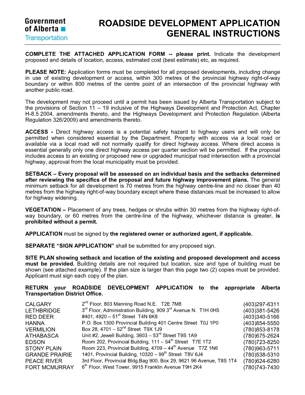 Roadside Development Application General Instructions