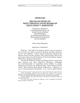 Articles Recollections of West Virginia State Board of Education V. Barnette∗