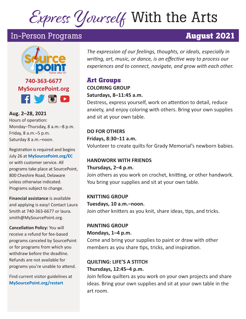 Arts In-Person Programs August 2021