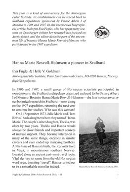 Hanna Marie Resvoll-Holmsen: a Pioneer in Svalbard