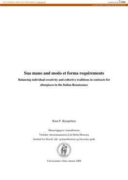 Sua Mano and Modo Et Forma Requirements Balancing Individual Creativity and Collective Traditions in Contracts for Altarpieces in the Italian Renaissance