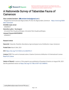 A Nationwide Survey of Tabanidae Fauna of Cameroon