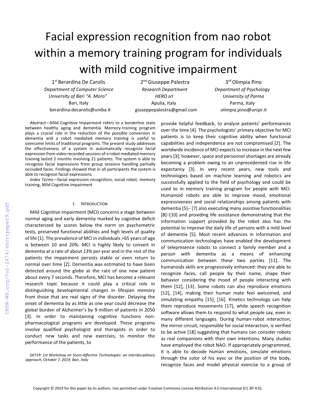 Facial Expression Recognition from Nao Robot Within a Memory Training Program for Individuals