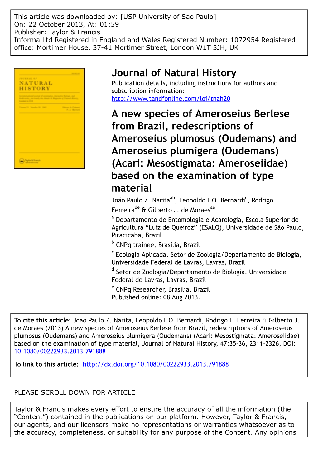 And Ameroseius Plumigera (Oudemans) (Acari: Mesostigmata: Ameroseiidae) Based on the Examination of Type Material João Paulo Z