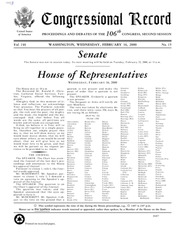 Congressional Record United States Th of America PROCEEDINGS and DEBATES of the 106 CONGRESS, SECOND SESSION