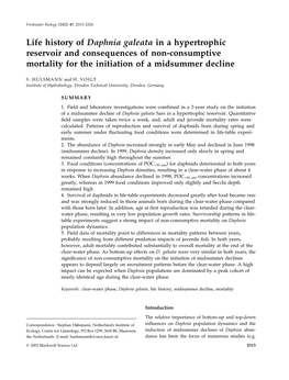 Life History of Daphnia Galeata in a Hypertrophic Reservoir and Consequences of Non-Consumptive Mortality for the Initiation of a Midsummer Decline