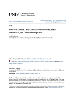 New York Oneida: Land Claims, Federal Policies, State Intervention, and Casino Development