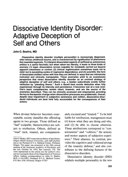 Dissociative Identity Disorder: Adaptive Deception of Self and Others