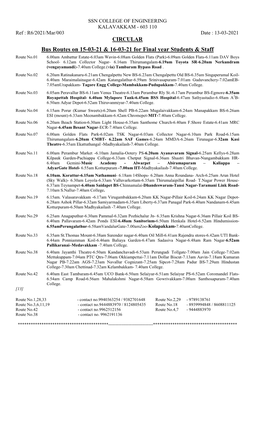 Bus Routes on 15Th & 16Th of March'21 for Final Year Student & Staff