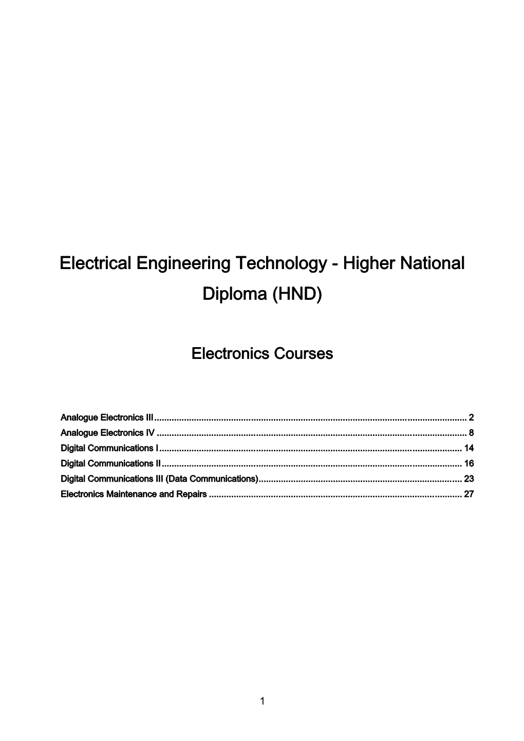 Electrical Engineering Technology - Higher National Diploma (HND)