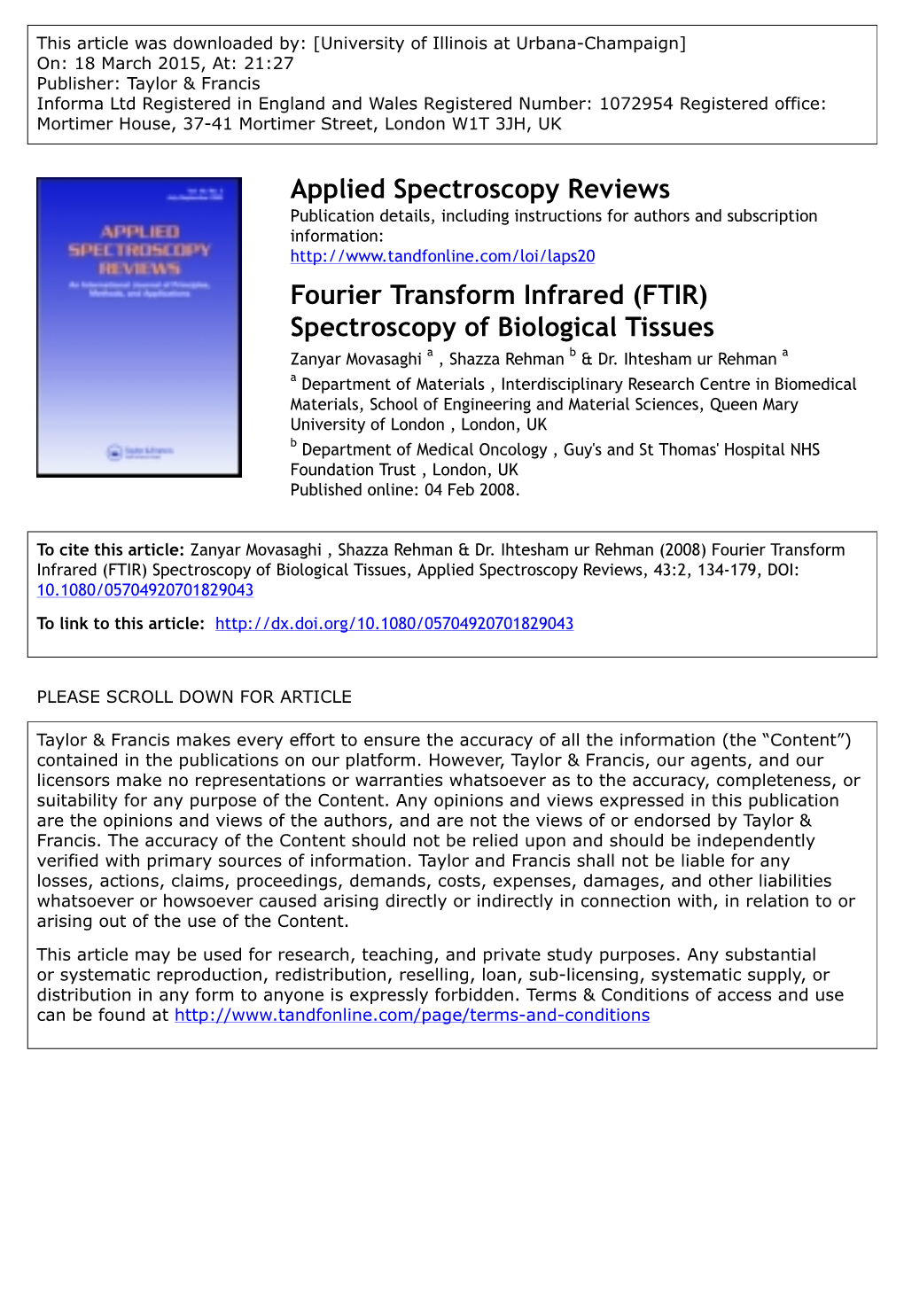 Applied Spectroscopy Reviews Fourier Transform Infrared (FTIR