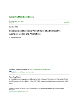 Legislative and Executive Veto of Rules of Administrative Agencies: Models and Alternatives