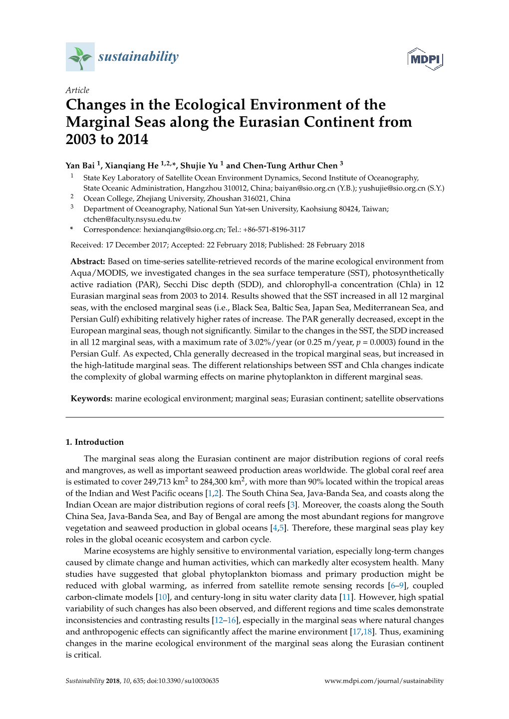 Changes in the Ecological Environment of the Marginal Seas Along the Eurasian Continent from 2003 to 2014