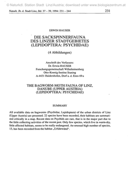 Die Sackspinnerfauna Des Linzer Stadtgebietes (Lepidoptera: Psychidae)