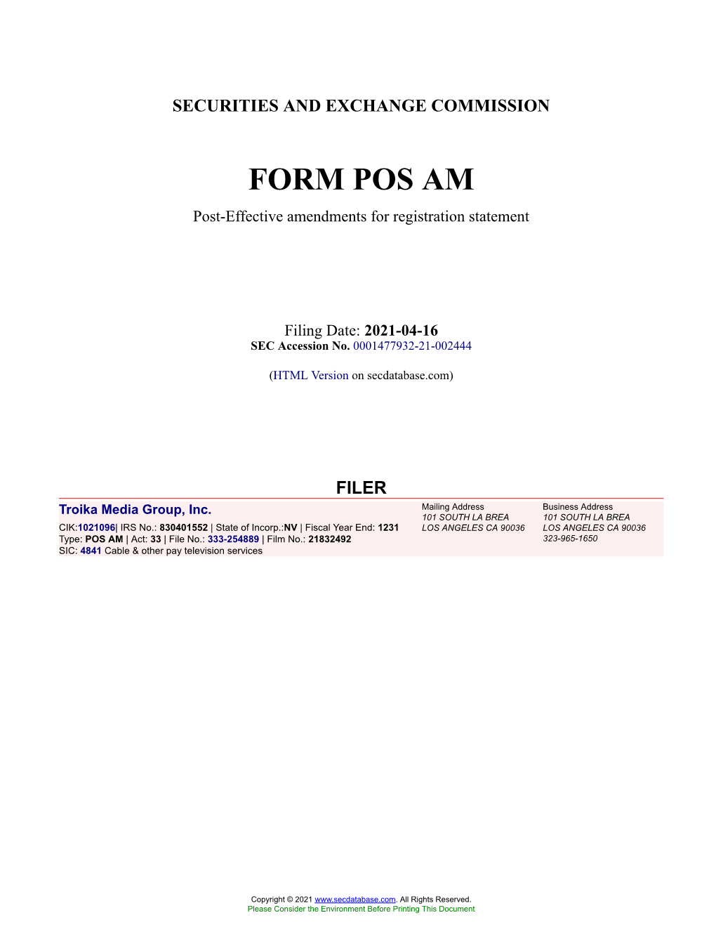 Troika Media Group, Inc. Form POS AM Filed 2021-04-16