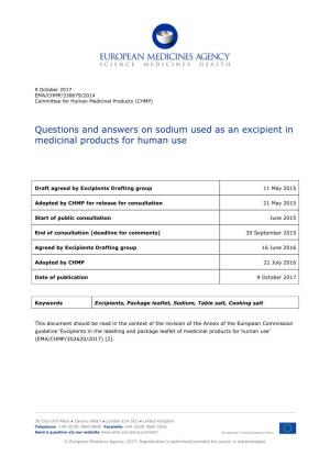 Questions and Answers on Sodium Used As an Excipient in Medicinal Products for Human Use