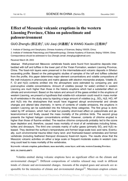 Effect of Mesozoic Volcanic Eruptions in the Western Liaoning Province, China on Paleoclimate and Paleoenvironment