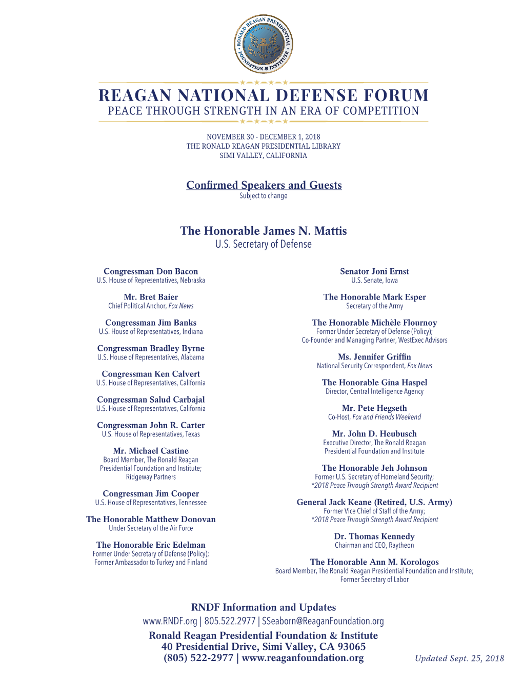 Reagan National Defense Forum Peace Through Strength in an Era of Competition