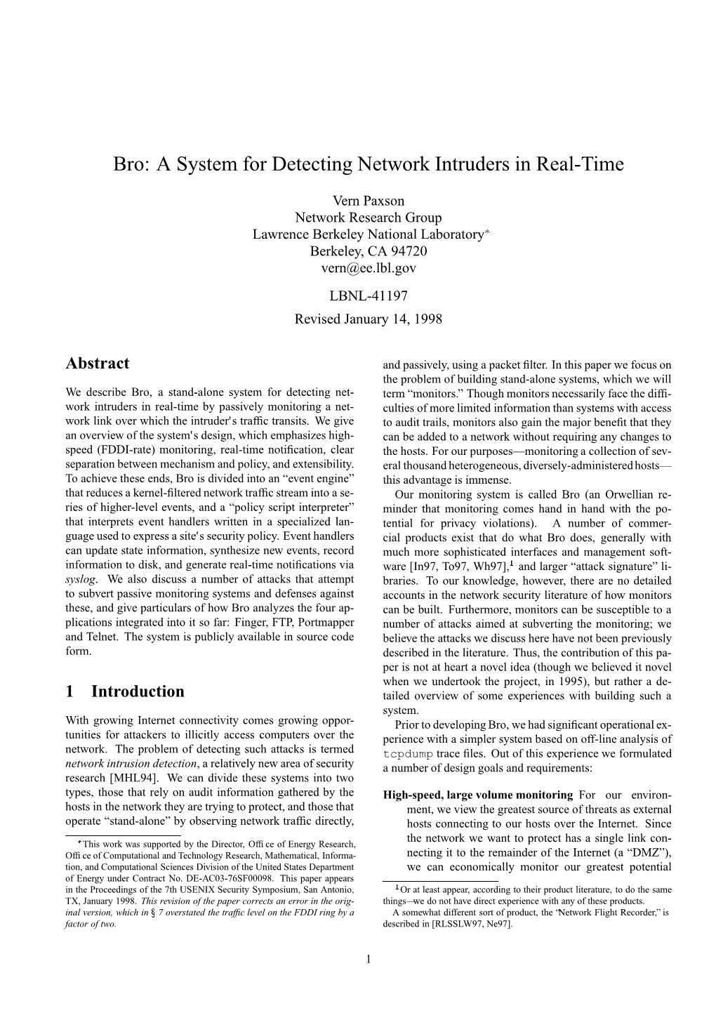 Bro: a System for Detecting Network Intruders in Real-Time