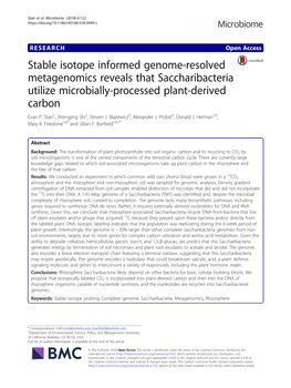 Stable Isotope Informed Genome-Resolved Metagenomics Reveals That Saccharibacteria Utilize Microbially-Processed Plant-Derived Carbon Evan P