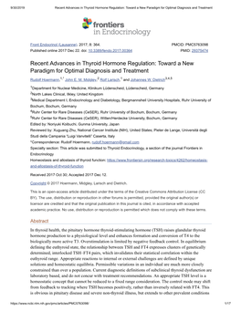 Recent Advances in Thyroid Hormone Regulation: Toward a New Paradigm for Optimal Diagnosis and Treatment